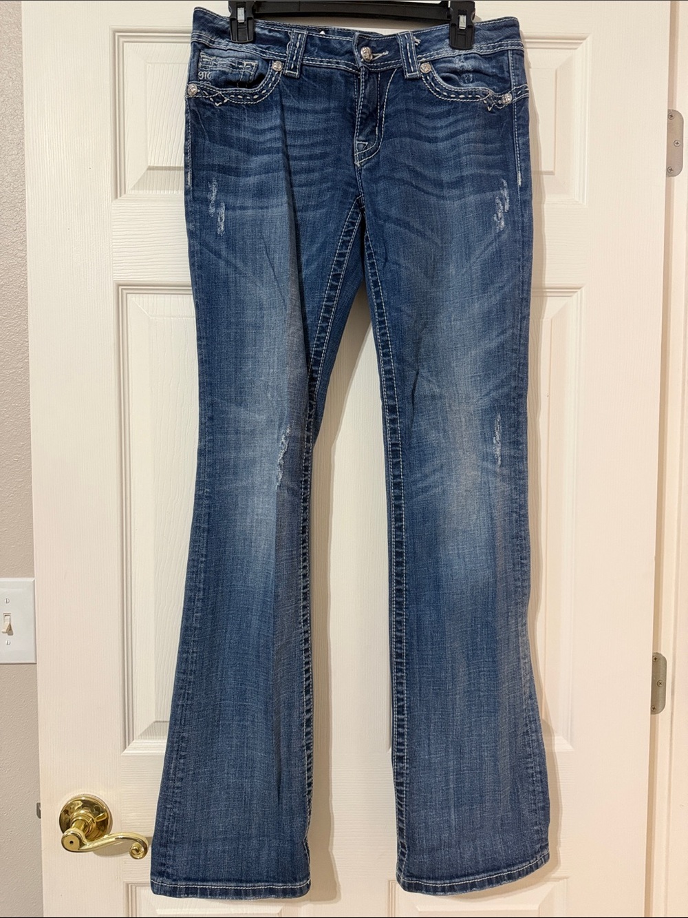 Miss Me Dark Blue Flared Jeans with Subtle Whiskering